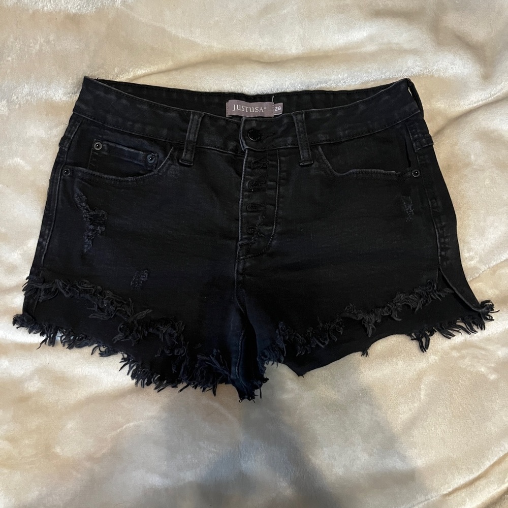 Black distressed denim shorts, size 28